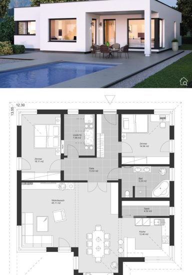 Modern Bungalow House Plans with Flat Roof - Contemporary European Minimalist Architecture Design